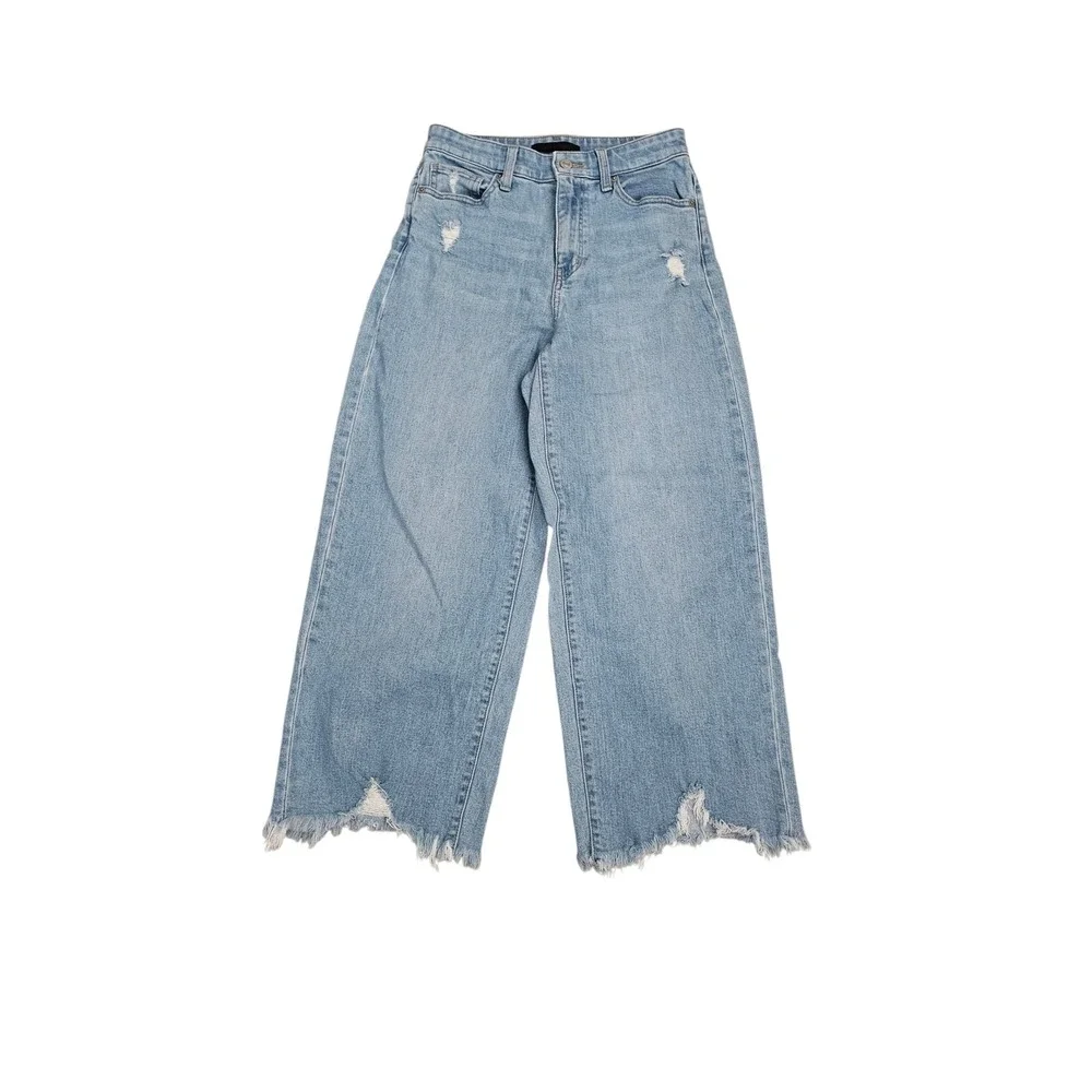 Uniqlo Jeans Womens 25 Light Wash Distressed Wide‎ Leg High Rise Raw Hem